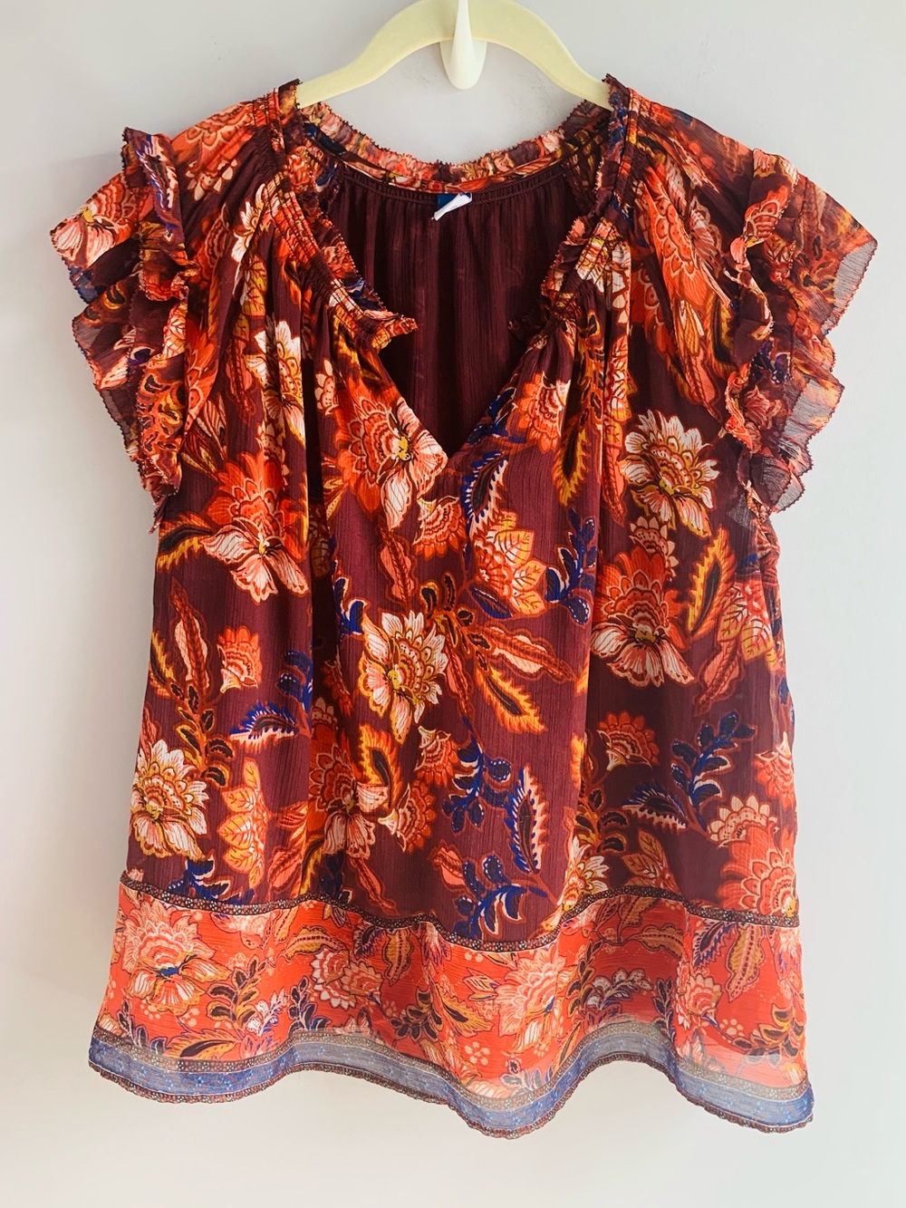 Old Navy Split Neck Peasant Top Navy Orange Ruffle Sleeve Business Casual EUC L